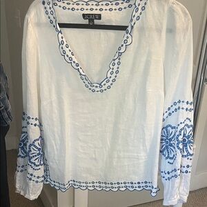 J. Crew White Blouse with Blue Embroidery